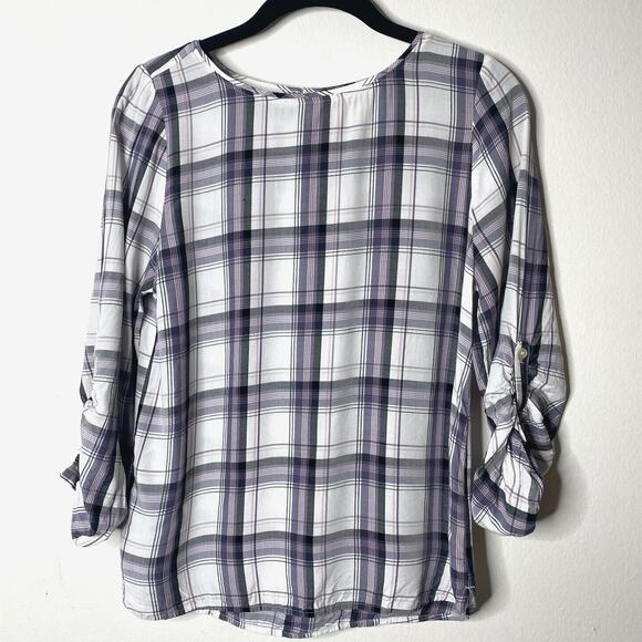 Loft Lavender Plaid Flowy Roll-Tab Sleeve Shirred Back Keyhole Button Blouse SP - Picture 2 of 10